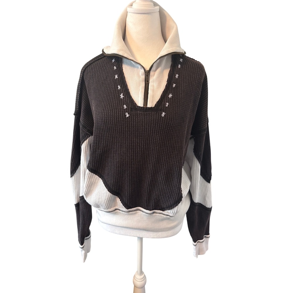 Free People We The Free Colorblock Waffle Knit Quarter Zip Thermal Top  XS